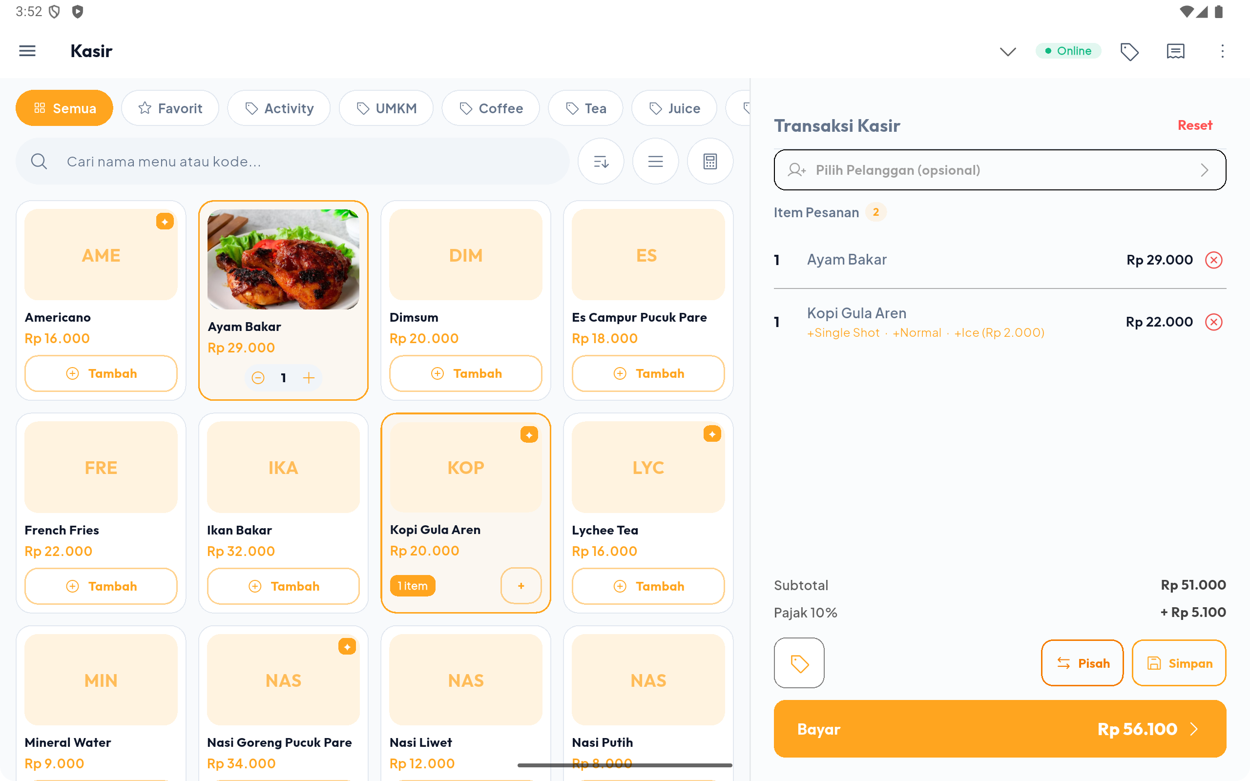 Tampilan layar kasir Atoor.id: daftar menu dan transaksi berjalan